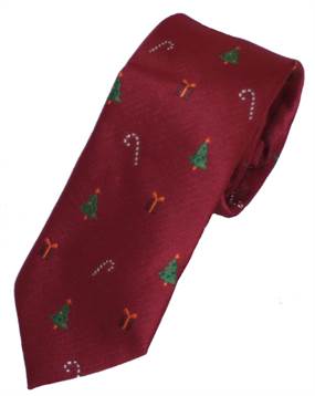 Rødt slips dekoreret med juletræer og julegaver